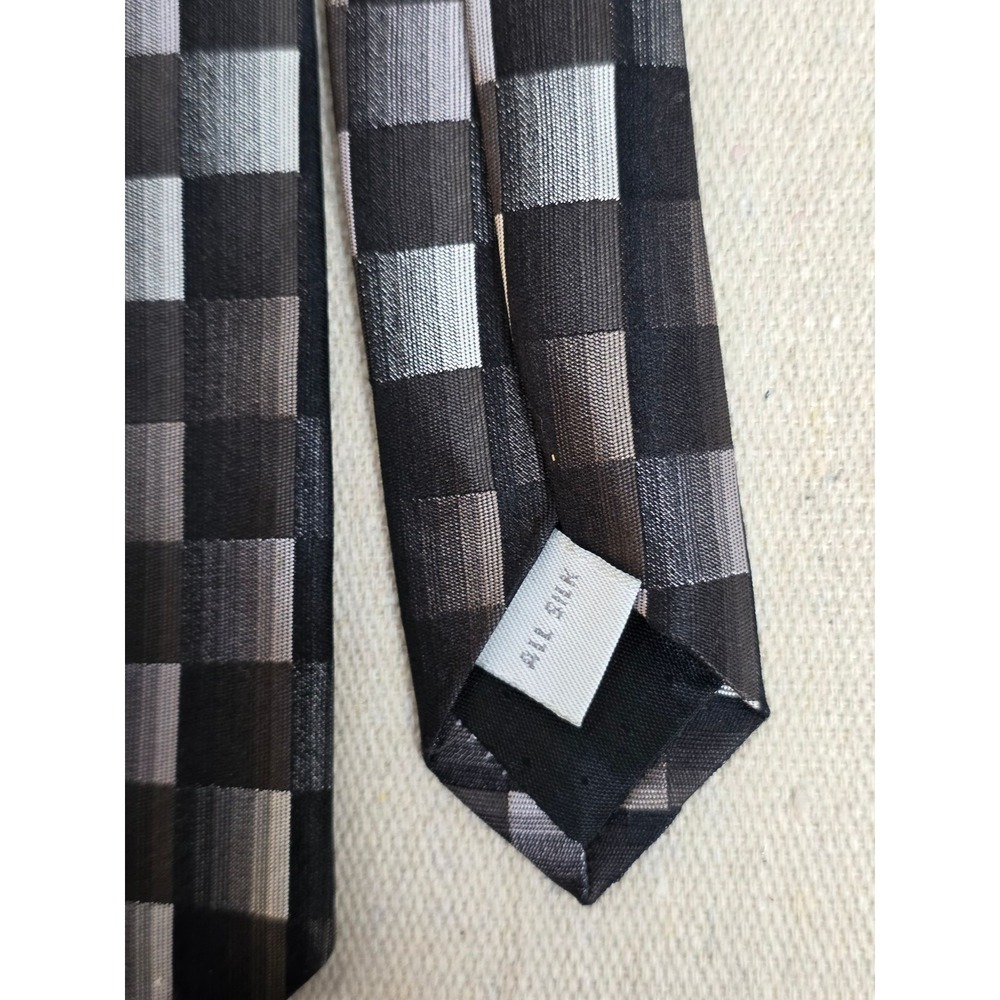 Burma Bibas Mens Silk Necktie Black Grey Silver Geometric Checkered Grid Pattern - Picture 4 of 6